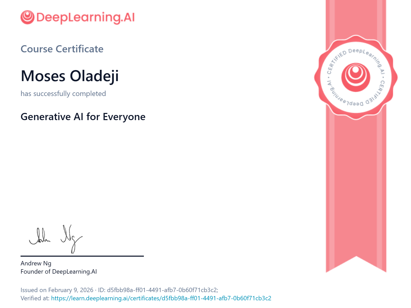 Generative AI For Everyone Certificate